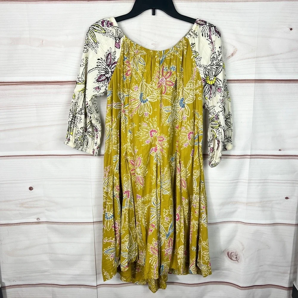 Daily‎ Practice Dress Womens S Yellow Floral Swing Mini 3/4 Sleeve Cotton Blend